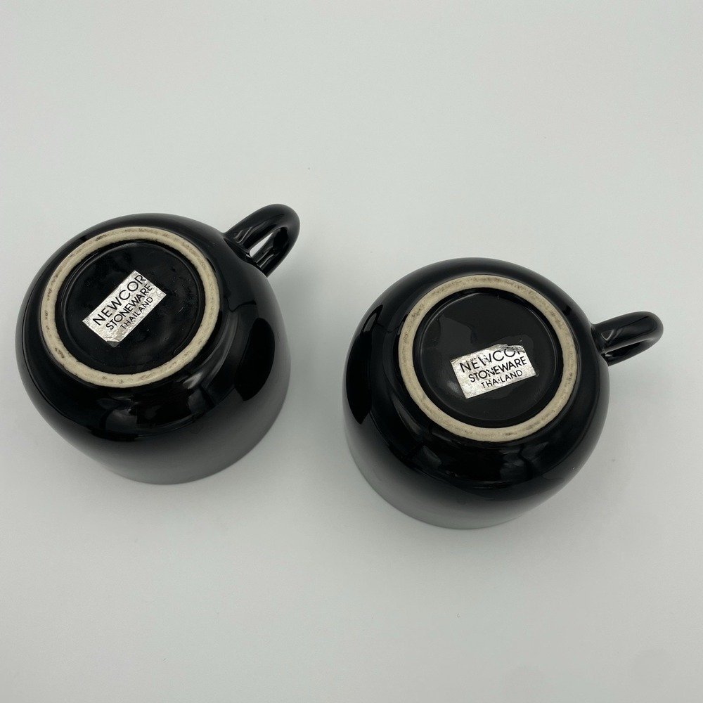 Vintage Newcor Stoneware 8oz Glossy Black Coffee/Tea Mugs Set‎ Of 2, Thailand - Picture 5 of 13